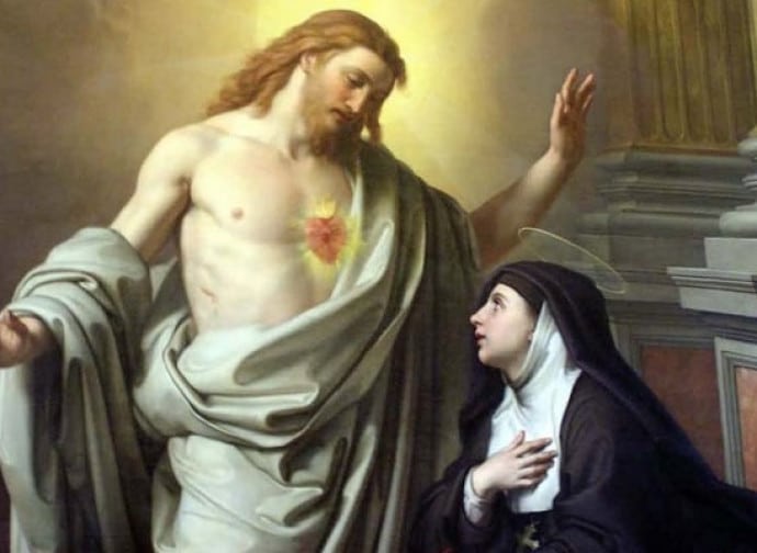 Image of Saint Margaret Mary Alacoque and Sacred Heart. Discover the Devotion and History of the Sacred Heart, and the Churches associated with it in the Catholic Mass Times app on your cell phone.