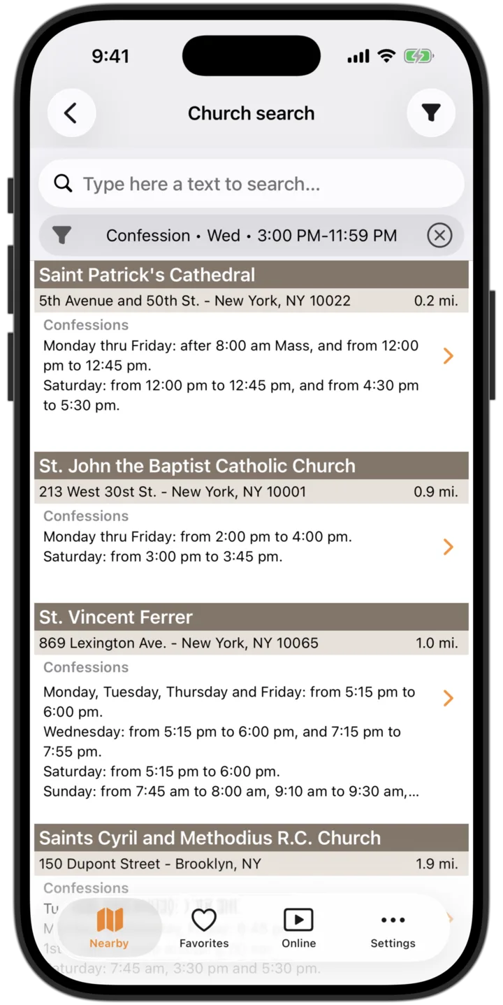 Catholic Mass Times app - List of closest Catholic churches