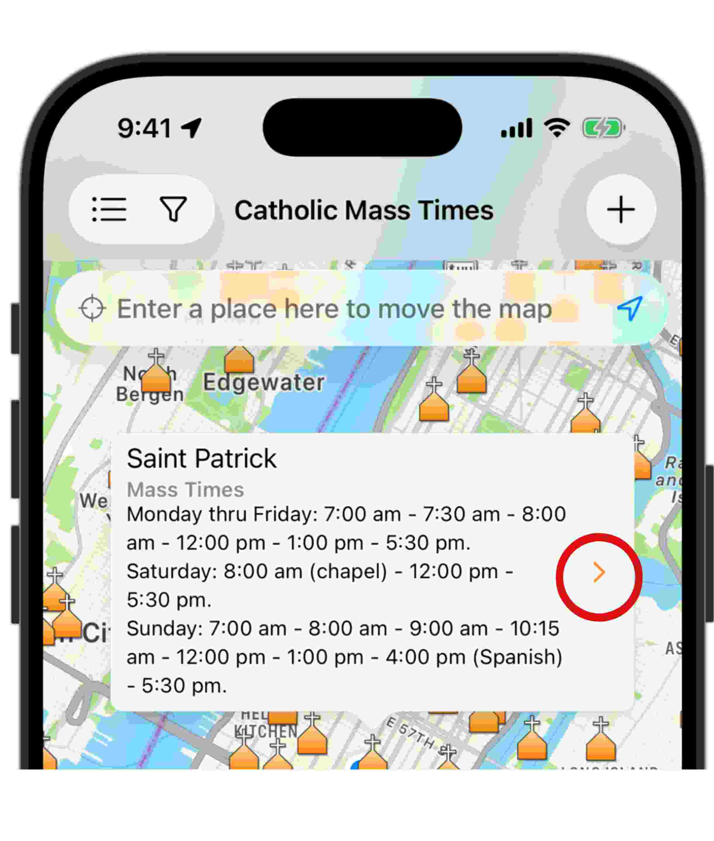 Tap the orange arrow to expand a church listing