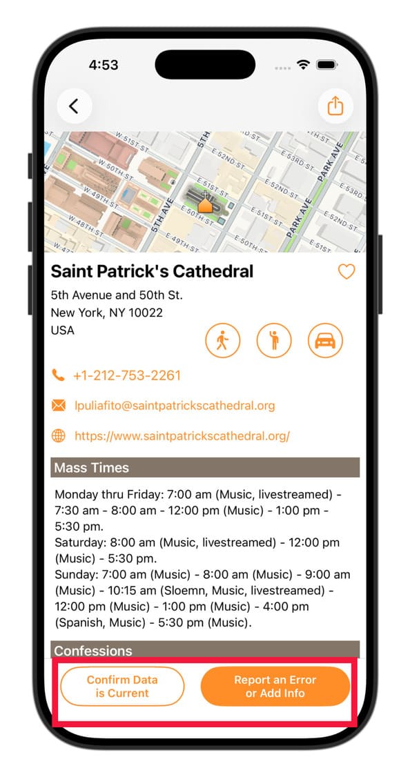 Confirm or report buttons - Catholic Mass Times App - Catholic Mass Times